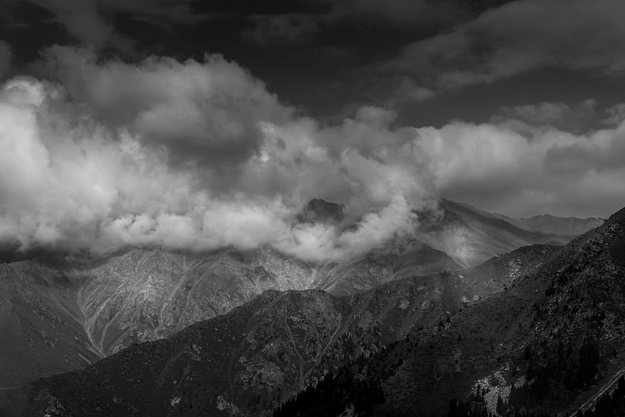 HD wallpaper: kazakhstan, clouds, mountain, black and white, scenics ...