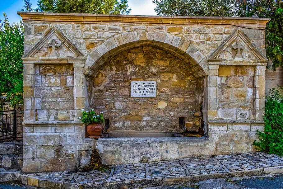 fountain, stone, architecture, traditional, old, village, laneia HD wallpaper