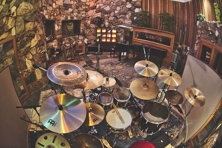 brown and white drum set, music, indoors, no people, musical equipment HD wallpaper