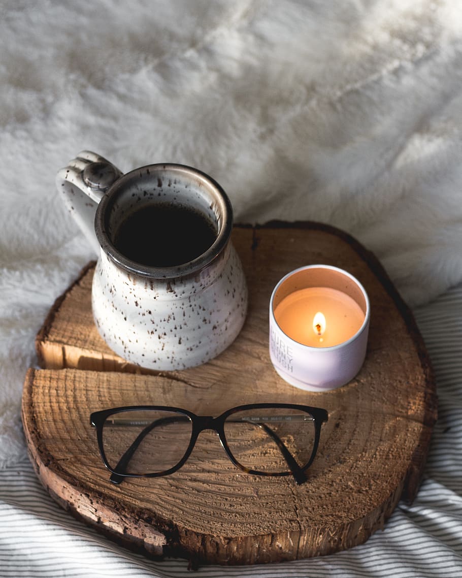 black-framed eyeglasses beside candle, coffee cup, accessory, HD wallpaper