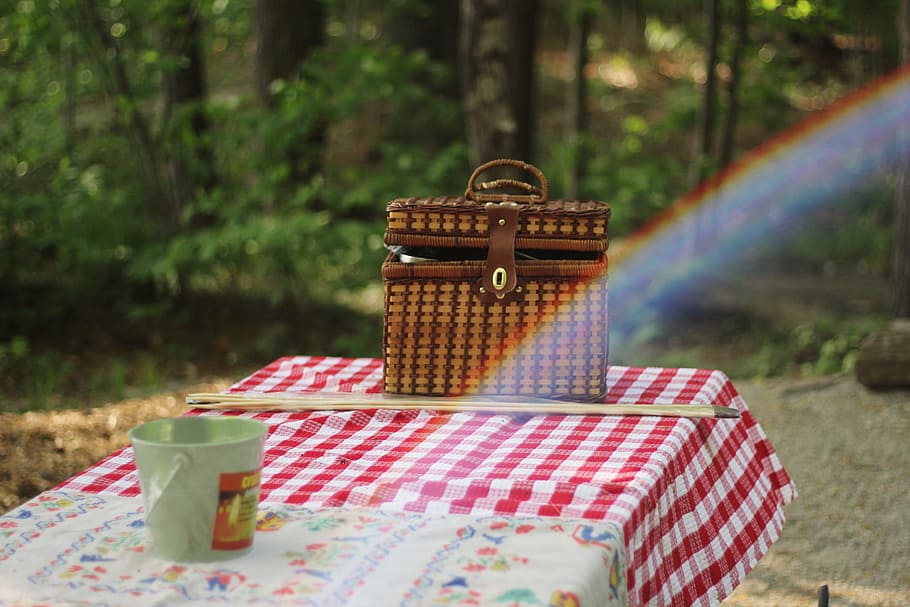 table, cloth, basket, picnic, garden, rainbow, outdoor, trees HD wallpaper