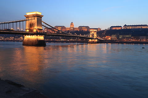 concrete bridge at night, building, outdoors, water, nature, city HD wallpaper