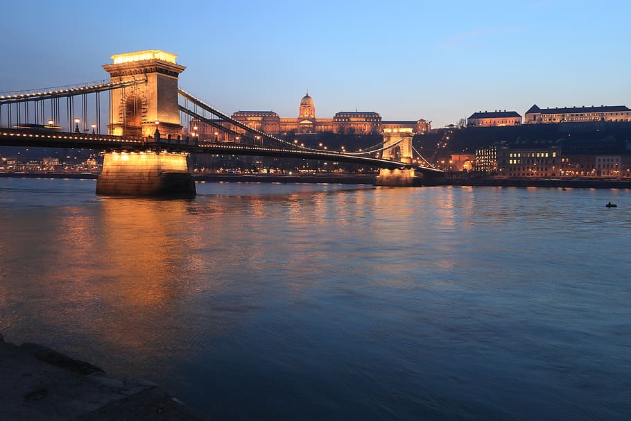 concrete bridge at night, building, outdoors, water, nature, city HD wallpaper