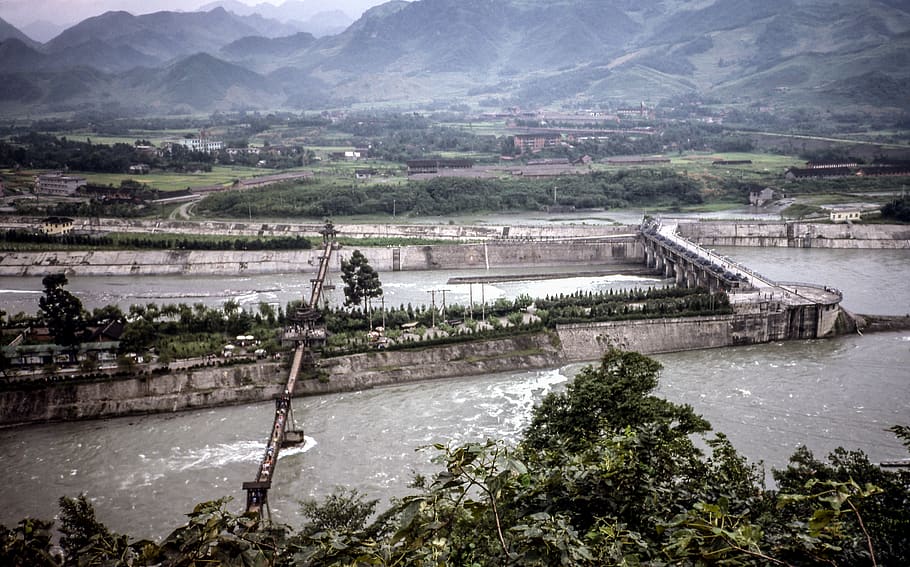 trees, mountains, water, river, city, vintage, green, detail HD wallpaper