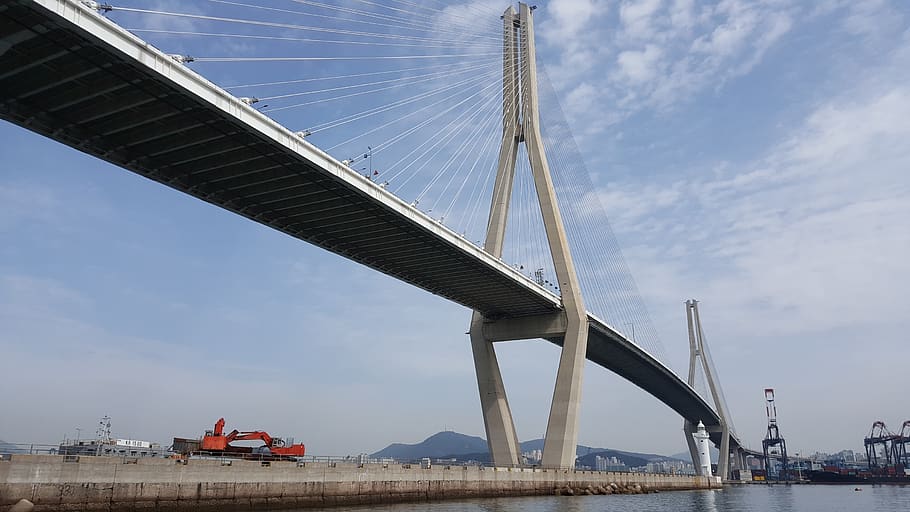 korea, busan, sea, zero, beach, busan port bridge, sky, architecture HD wallpaper