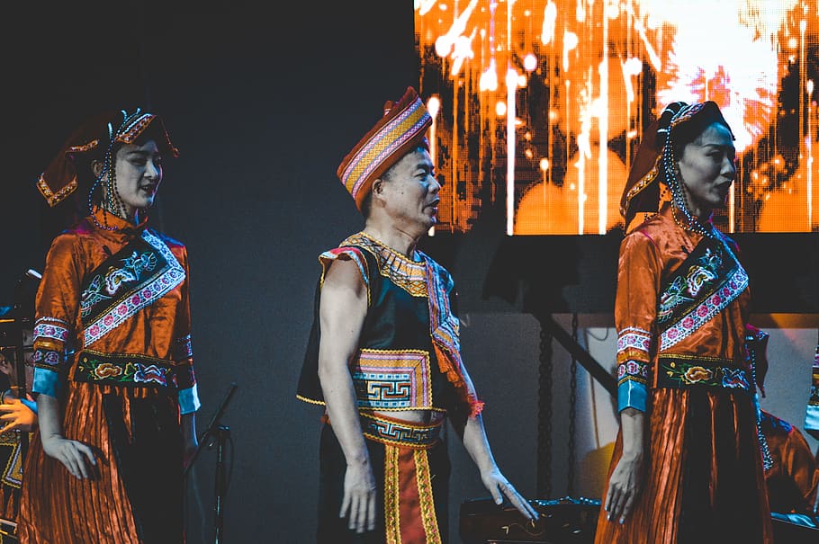 three person on stage, arts culture and entertainment, traditional clothing HD wallpaper