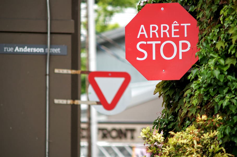 canada, vancouver, west side, stop, yield, sign, french, communication HD wallpaper