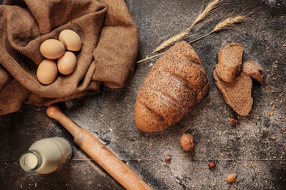 eggs, bread, milk, and rolling pin, plant, tool, hammer, produce