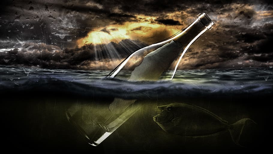 ocean, sea, bottle, message, fish, cloud - sky, water, nature HD wallpaper