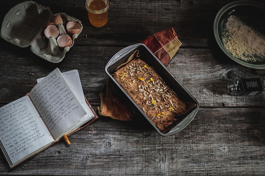 black plastic tray beside book, food, plant, bread, seashell HD wallpaper