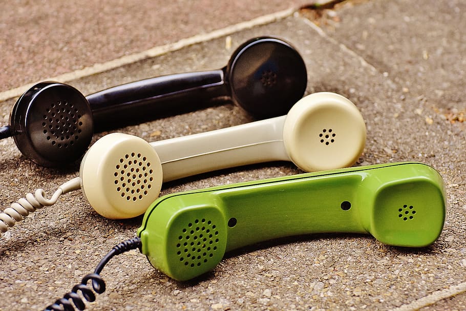 Three Assorted-color Telephones on Gray Tile, antique, communication HD wallpaper