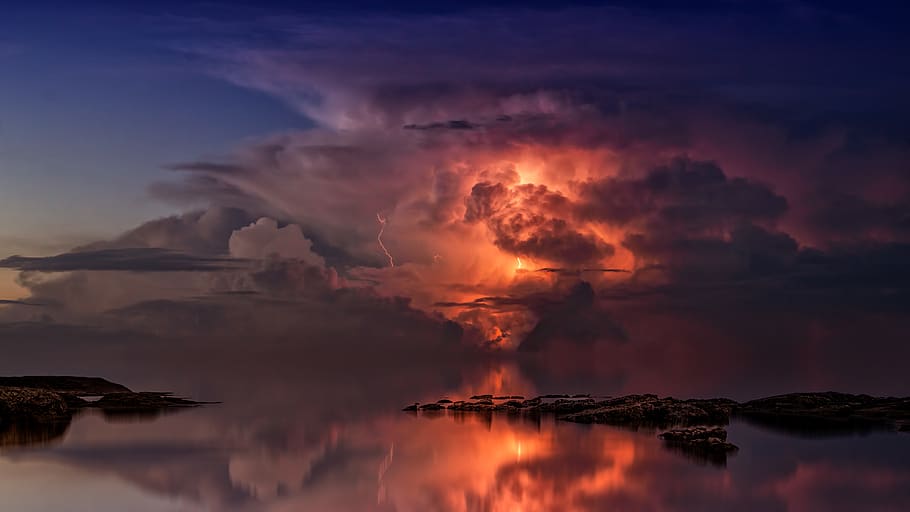 Reflection of Clouds on Body of Water, calm, dawn, dramatic, evening HD wallpaper