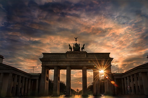 sunset, icon, brandenburg gate, city, berlin, architecture HD wallpaper