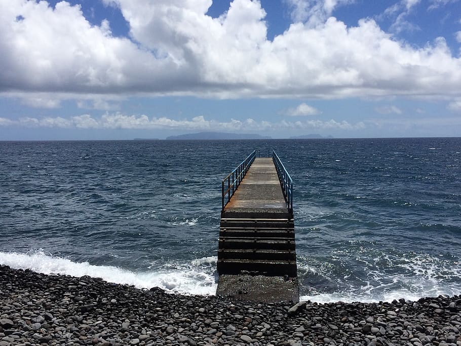 sea, bridge, clouds, blue, water, surf, horizon over water HD wallpaper