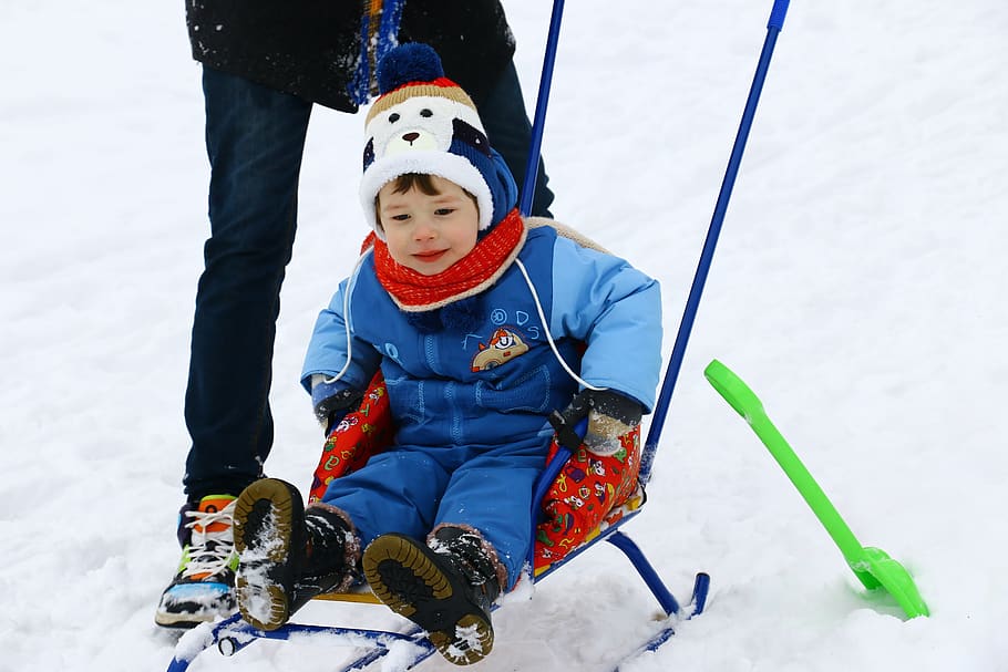 Kid Riding Sled, boy, child, cold, cute, enjoyment, fun, person HD wallpaper