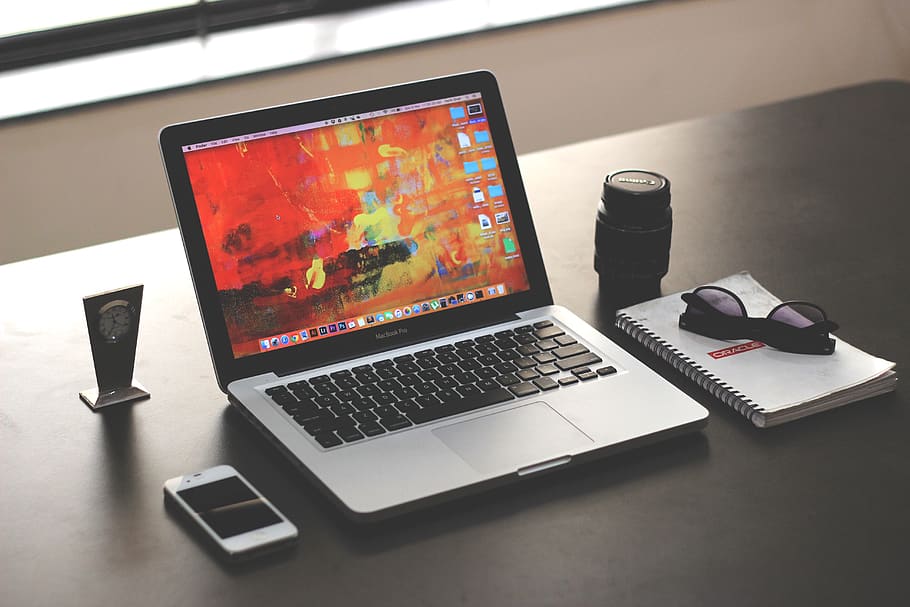 Macbook Pro on Top of Table, apple, desk, desktop, digital, iphone HD wallpaper