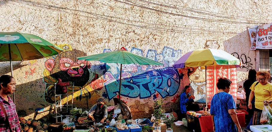 vendors beside Astro graffiti, human, person, art, mural, painting HD wallpaper