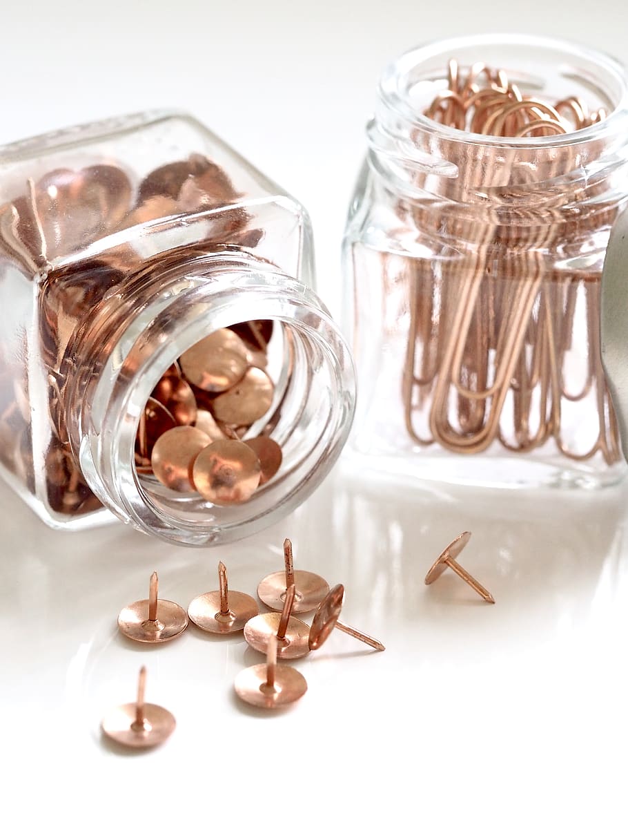 Brass Thumbacks in White Glass Container, bottles, close-up, colors HD wallpaper