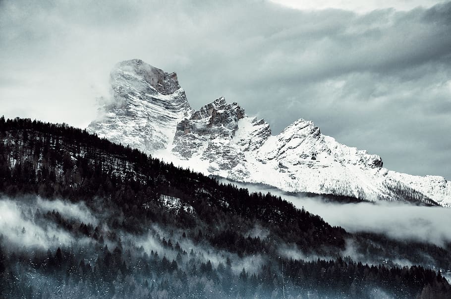 Snow Covered Mountain Under Cloudy Sky, altitude, black and white HD wallpaper