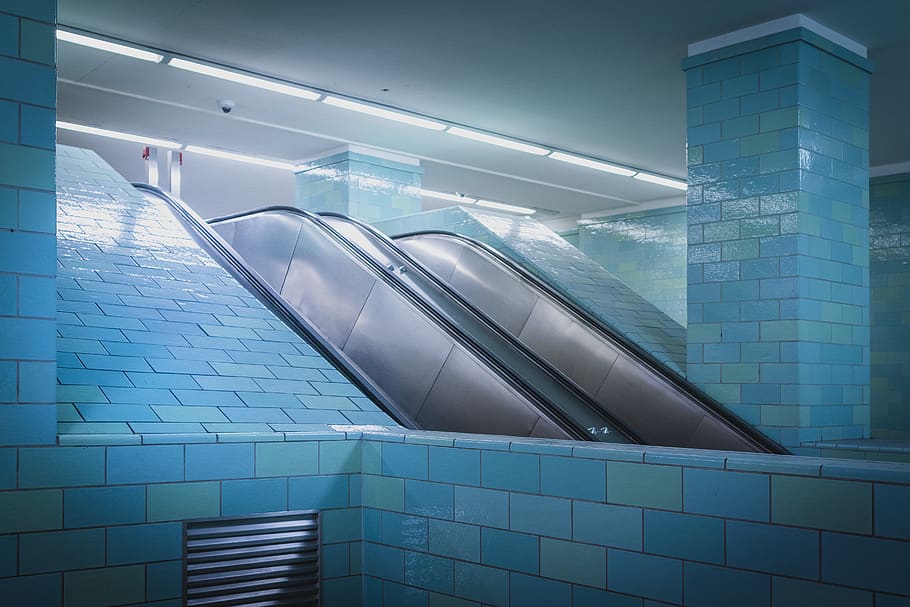 germany, berlin, escalator, underground, azure, tile, turquoise HD wallpaper