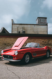 red convertible coupe parking near wall, car, automobile, building HD wallpaper