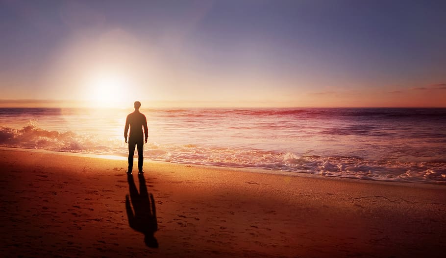 sunset, sea, man, sand, beach, footprints, lighting, lonely