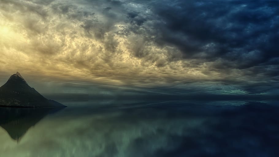 sunset, ocean, island, mountain, clouds, dramatic, sea, water HD wallpaper