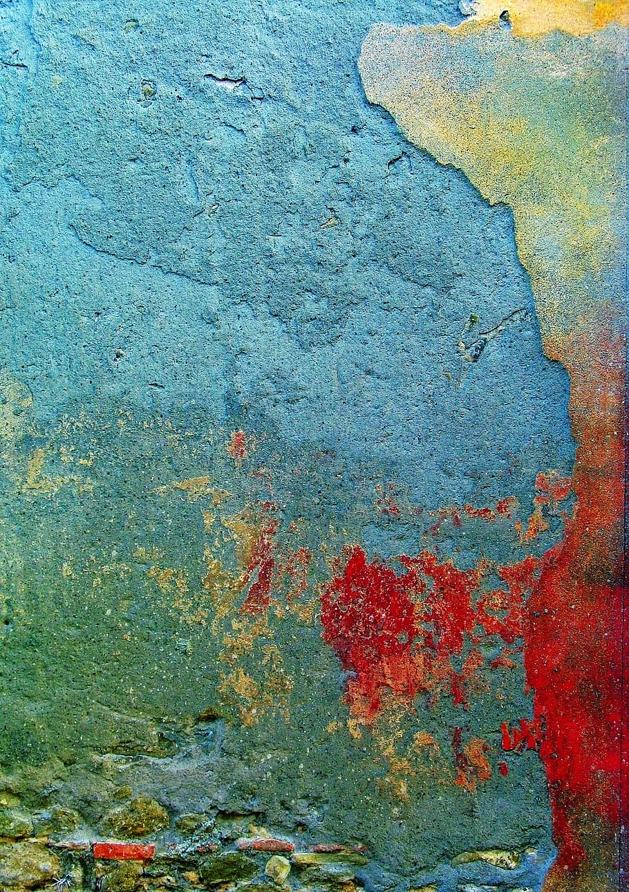 red, yellow, and blue painting, rust, texture, rug, art, wall, HD wallpaper