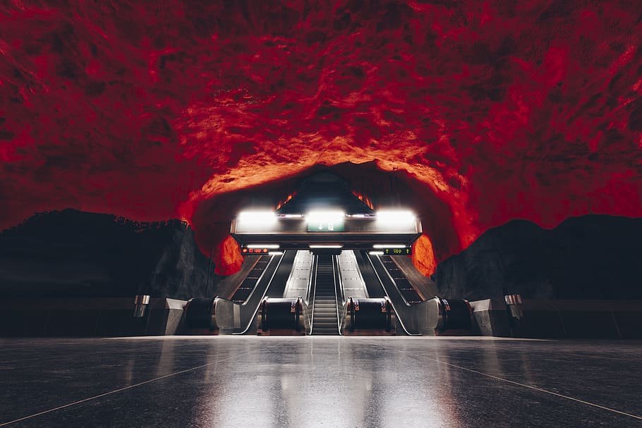 underground escalators, human, person, lighting, flooring, tunnel HD wallpaper