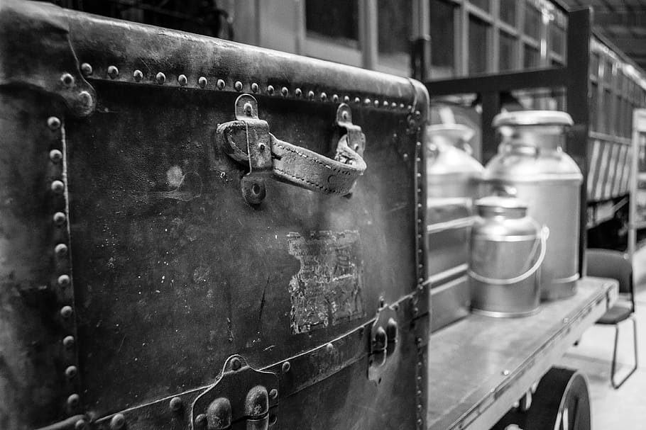 Grayscale Photography of Travel Case With Milk Churns on Trailer, HD wallpaper