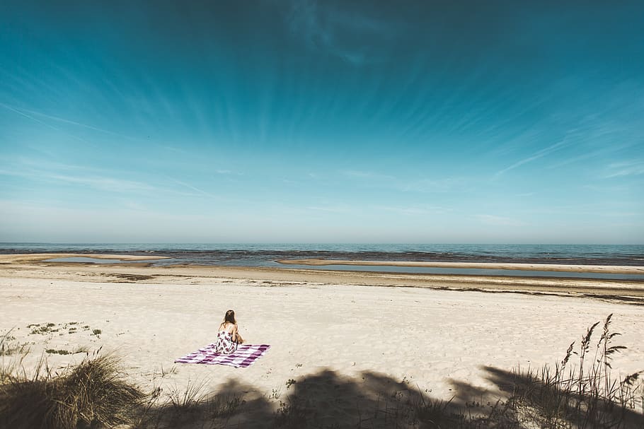 Woman Sitting on Seashore, beach, clouds, coast, female, girl HD wallpaper