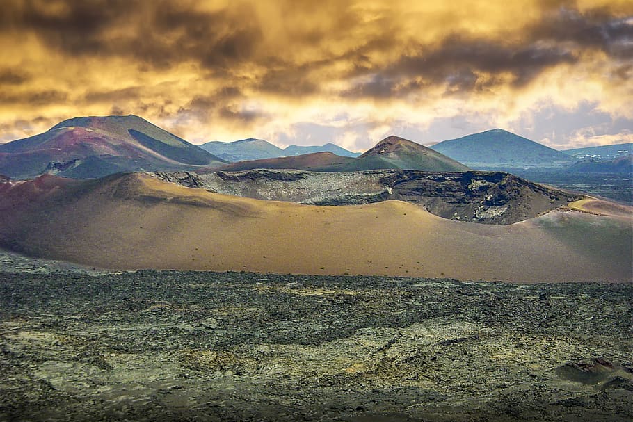 volcano, sky, landscape, mountain, clouds, rock, lanzarote HD wallpaper