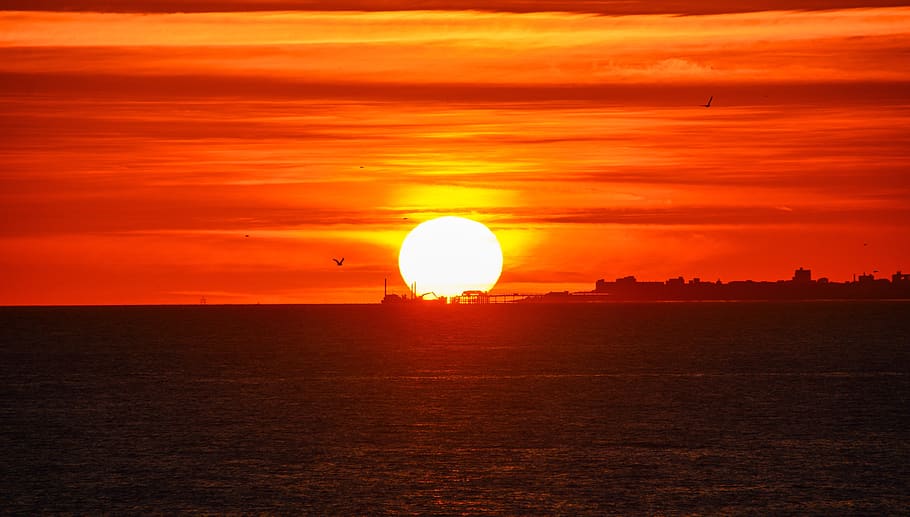 sun, sea, evening, sky, landscape, twilight, color, orange, HD wallpaper