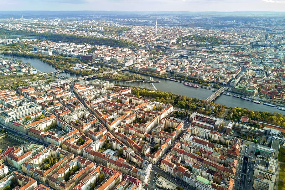 Amazing view on the historic city of Prague. Aerial view., building exterior