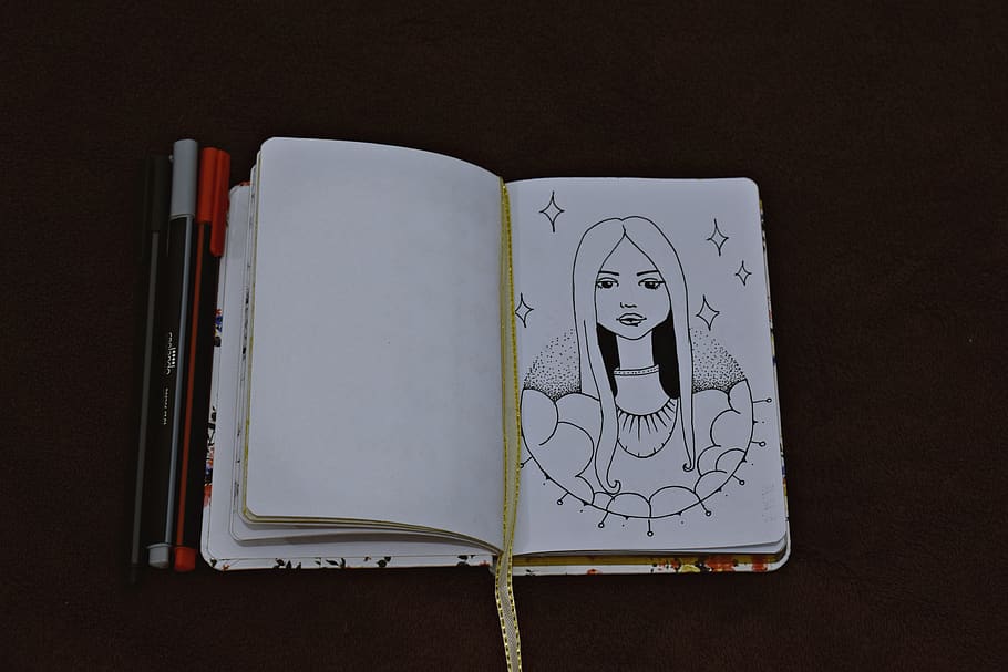 Opened Book Showing Sketch, drawing, notebook, page, pens, no people HD wallpaper