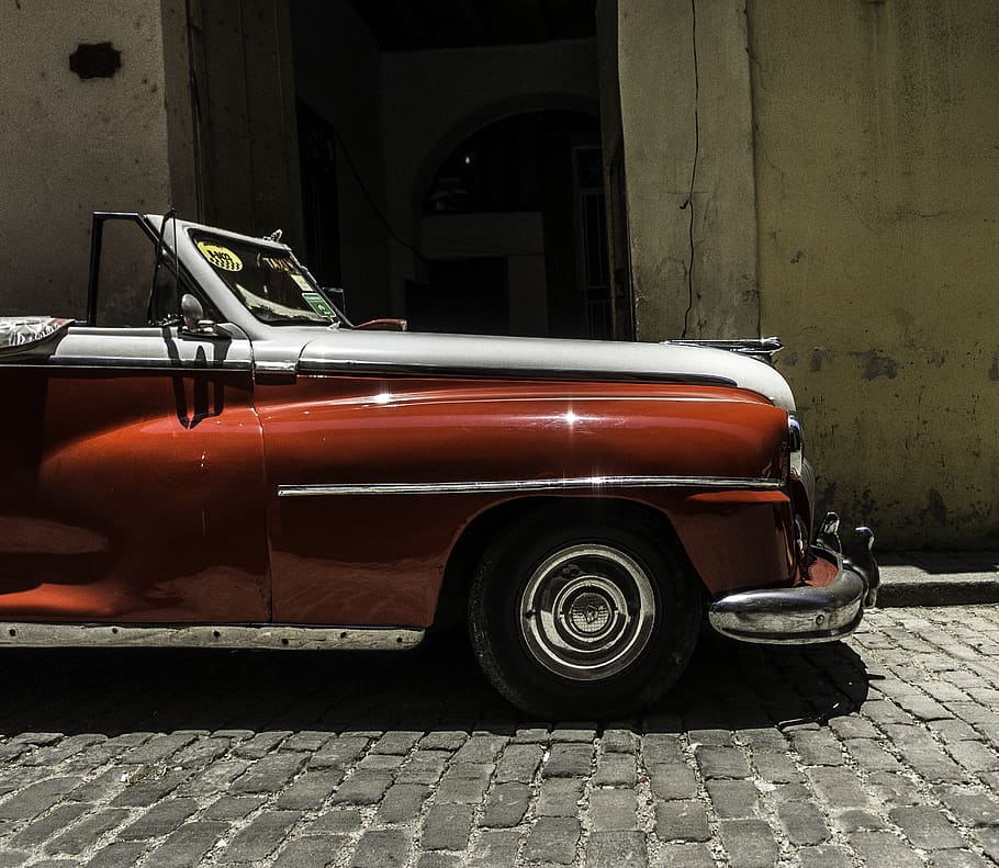 classic red car, havana, cuba, transportation, convertible, automobile HD wallpaper