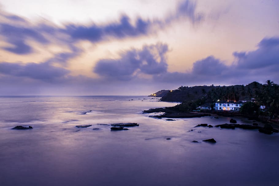Body of Water Illustration, beach, blue water, clouds, dusk, landscape HD wallpaper