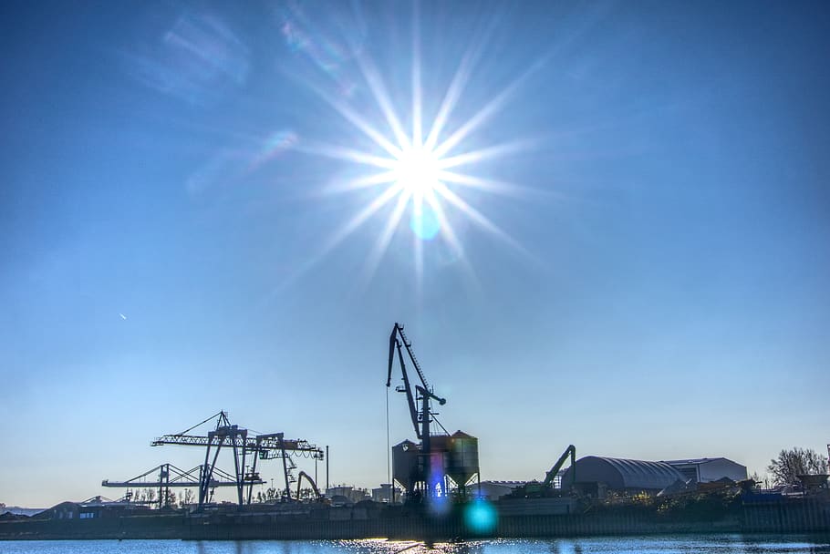 sun, backlighting, dazzling star, port, crane, loading, loading crane HD wallpaper