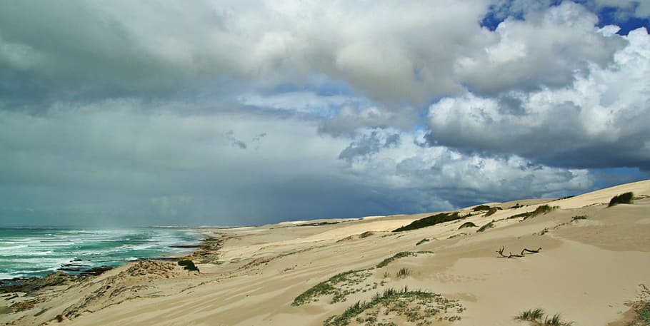 sea, water, flow, beach, shore, sand, sandy, cloudy, land, sky HD wallpaper