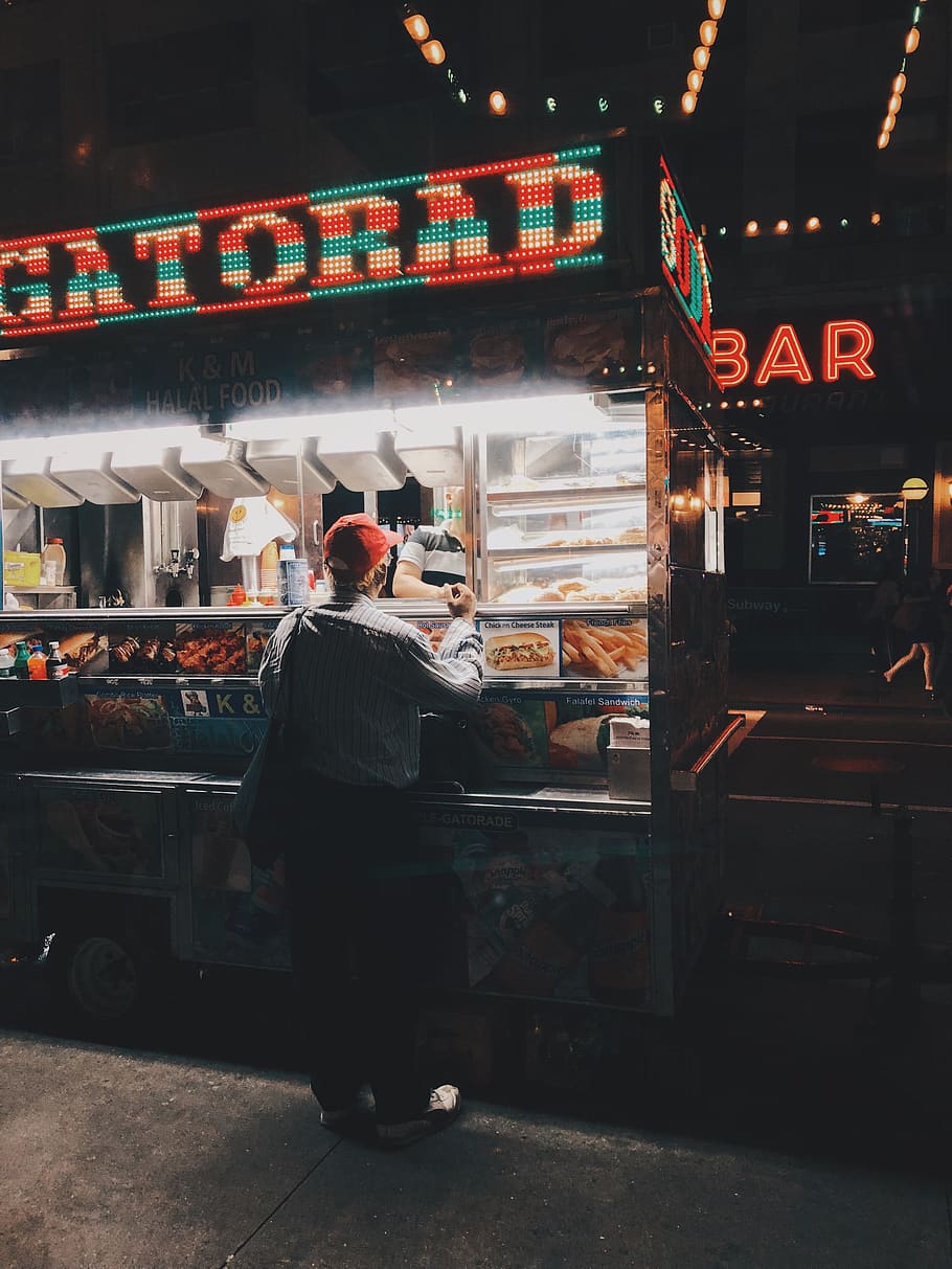 Woman Standing Beside Food Stall, cap, commerce, lights, merchant, HD wallpaper