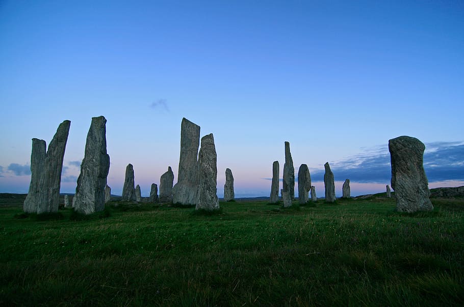 green, grass, highland, rocks, stone, monument, blue, sky, cloud HD wallpaper