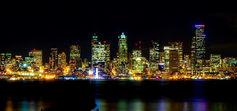 seattle, city, construction, architecture, building, night HD wallpaper