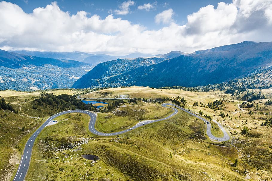 Curvy Alpine Road from Above, aerial, aerial view, alpine roads