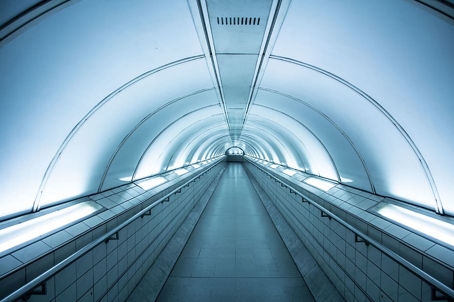 empty straight hallway, railing, path, line, symmetry, city, urban HD wallpaper