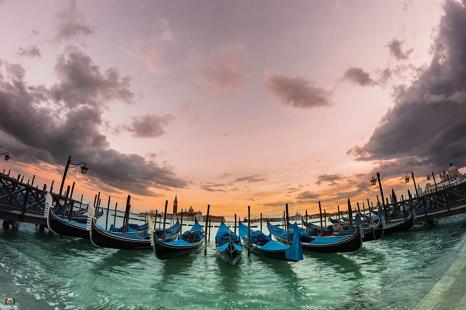 Photography of Canoes near the Dock, boat, bridge, clouds, dawn HD wallpaper