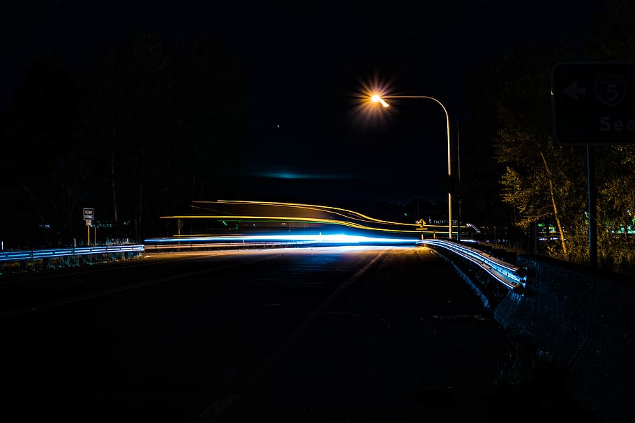 long exposure, night time, truck lights, yellow, blue, lights at night, HD wallpaper