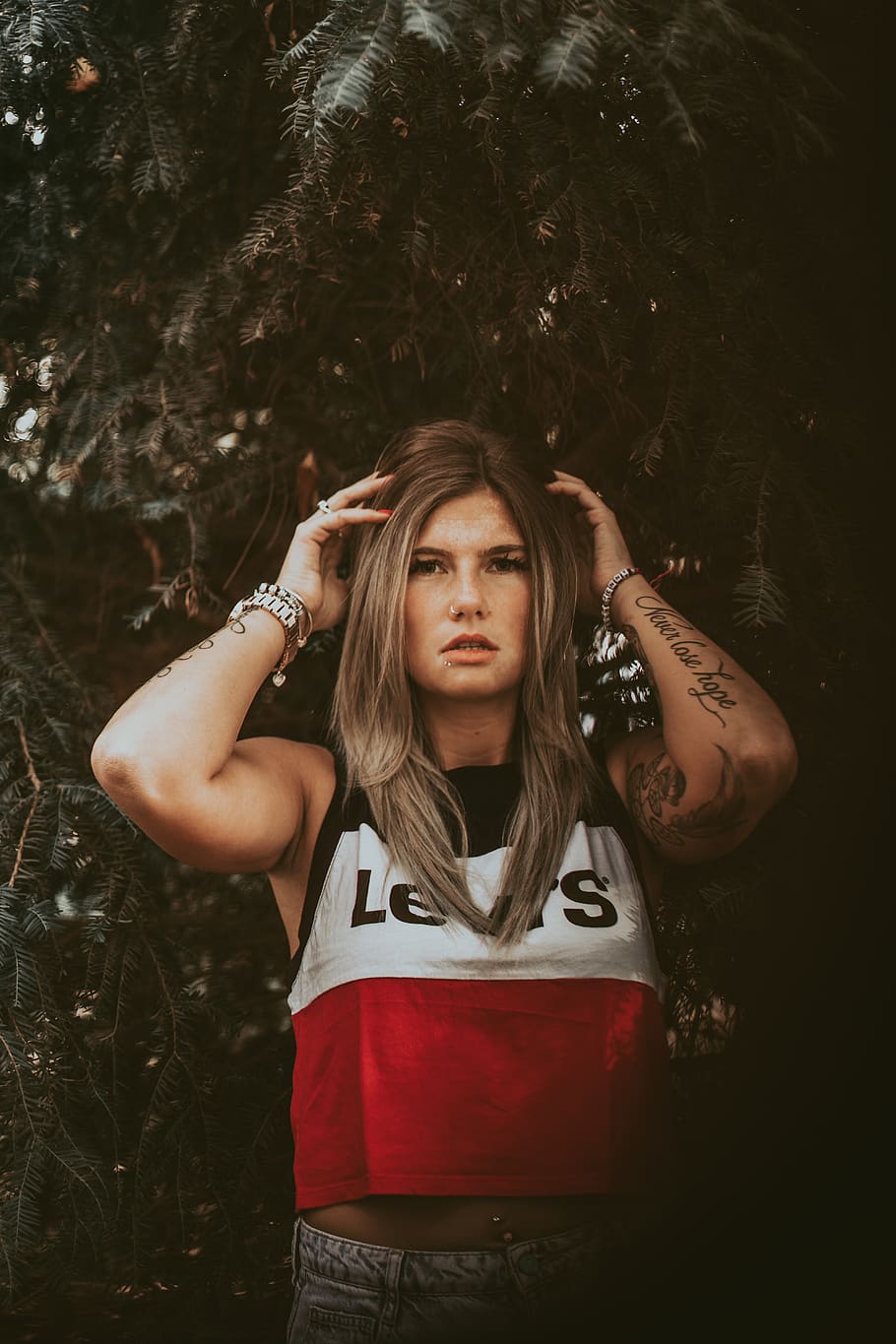 woman standing behind tree, skin, person, human, tattoo, girl HD wallpaper