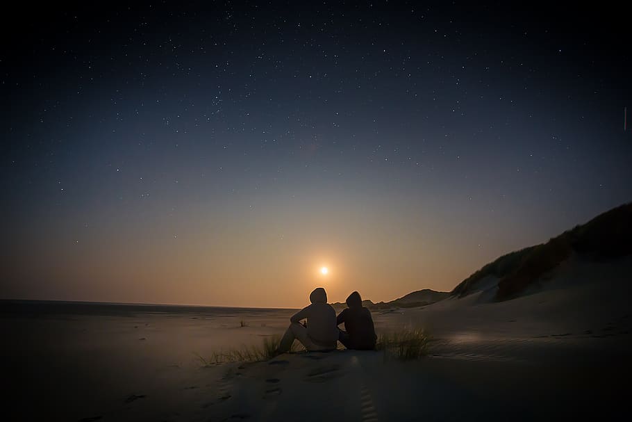 starry sky, sunset, viewing, nature, landscape, horizon, galaxy HD wallpaper