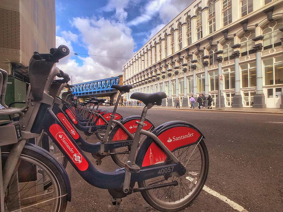 black and red bicycle on road, london, bike, transportation, united kingdom