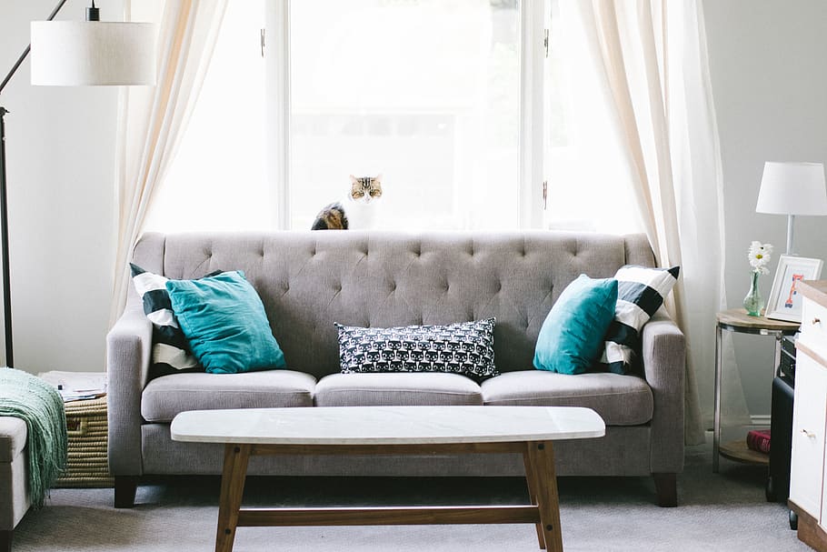 house, interior, sofa, couch, pillow, window, glass, curtain HD wallpaper